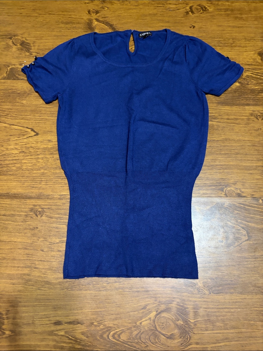 Express Royal Blue Short-Sleeve Knit Top with Pearl Accent